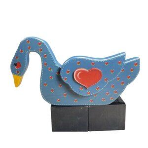 Vintage Hand Painted Blue Red Wooden Swan Duck Planter